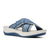 A women's platform wedge sandal with woven blue and white straps, shown from a side profile on a white background.