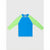 A children's long-sleeve rash guard top with a bright blue body and light green sleeves, laid flat against a light gray background.