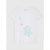 A white short-sleeve t-shirt with a distressed, frayed hem and ruffled edges. The front features a cute graphic of a light blue starfish with a smiling face, a pink starfish, a small seashell, and the text 'little star' in a handwritten font.