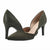 A pair of women's pointed-toe high heels in olive green textured faux-snakeskin fabric, shown against a plain white background.