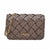 A woven leather shoulder bag in taupe brown with a gold-tone chain strap and a gold 'bebe' logo on the front, set against a plain white background.