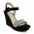 A black wedge sandal with an ankle strap and a platform front strap embellished with silver rhinestones, shown on a white background.