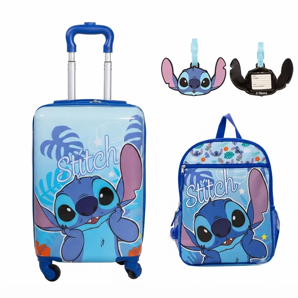 Disney Stitch-themed luggage set including a rolling suitcase, backpack, and two luggage tags, all featuring the blue cartoon character Stitch on a light blue tropical background.