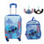 Disney Stitch-themed luggage set including a rolling suitcase, backpack, and two luggage tags, all featuring the blue cartoon character Stitch on a light blue tropical background.