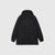 A black hooded jacket with a subtle tonal logo on the left chest, displayed flat against a light gray background.