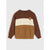A long-sleeve crewneck sweatshirt with a color-blocked design featuring brown, cream, and tan sections, with a small circular logo patch on the left chest, displayed on a light gray background.