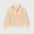 A cream-colored knit half-zip sweater with thin brown horizontal stripes, displayed flat against a light gray background.