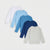 Five long-sleeve crewneck shirts in different colors, arranged in a fan shape on a light gray background. The colors are white, light blue, medium blue, navy blue, and heather gray.