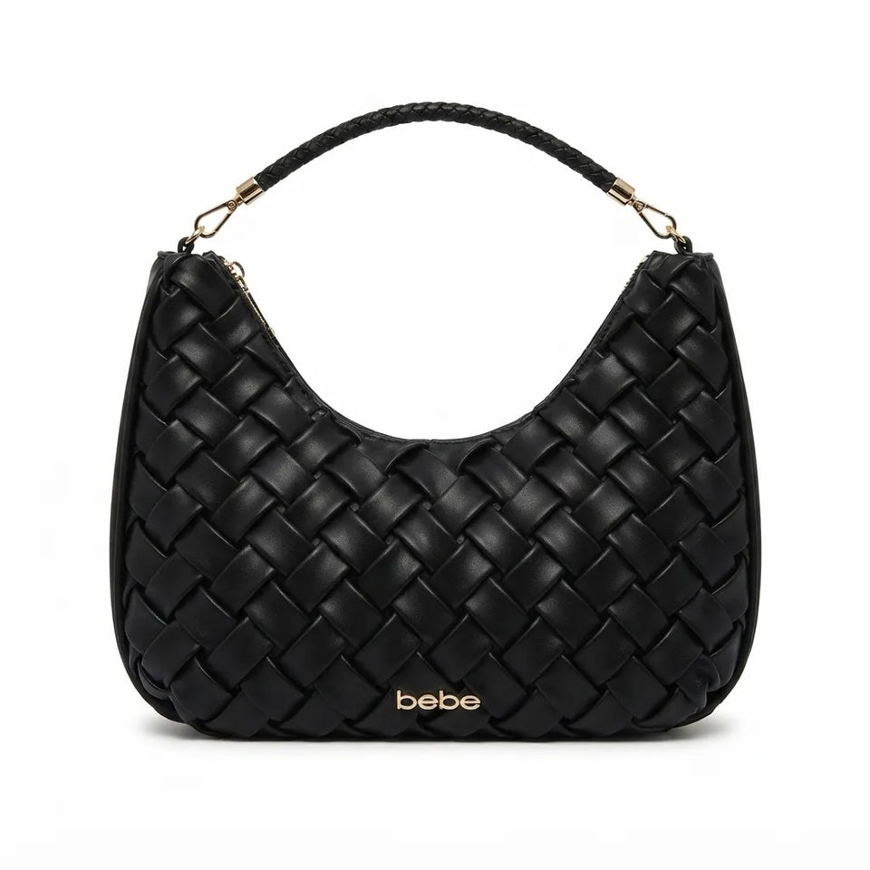 A black woven leather hobo handbag with a top handle, gold-tone hardware, and the brand name 'bebe' in gold on the front, shown against a plain white background.