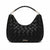 A black woven leather hobo handbag with a top handle, gold-tone hardware, and the brand name 'bebe' in gold on the front, shown against a plain white background.