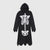 A black long-sleeve hooded dress with a large white skeleton rib cage and pelvis graphic printed on the front, shown against a light gray background.