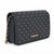 A black textured shoulder bag with gold studs in a polka dot pattern, featuring a gold chain strap and the brand name 'bebe' in gold on the front, set against a plain white background.