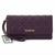 A purple quilted wallet with a wristlet strap and gold-tone 'bebe' logo on the front, shown on a white background with a retail tag attached.