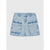 A light blue denim mini skirt with a button closure, belt loops, and two large front cargo-style pockets, shown flat against a light gray background.