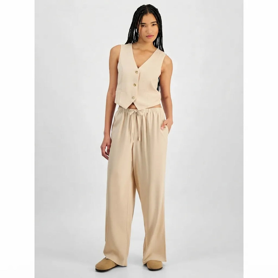 Hippie Rose Women's Warm Sand Linen Wide Leg Pants