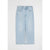 A light blue denim midi skirt with a front slit, shown flat against a light gray background.
