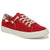A red canvas low-top sneaker with white laces, white eyelets, and a thick white rubber sole, shown from a three-quarters angle on a white background.