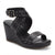 A black wedge sandal with multiple straps adorned with silver studs and a silver buckle, shown on a white background.