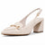 A single women's slingback pump in light beige faux leather with a gold-tone horsebit detail on the vamp and a block heel, shown against a plain white background.
