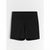 Black athletic shorts with a wide, high-waisted elastic waistband, shown flat against a light gray background.