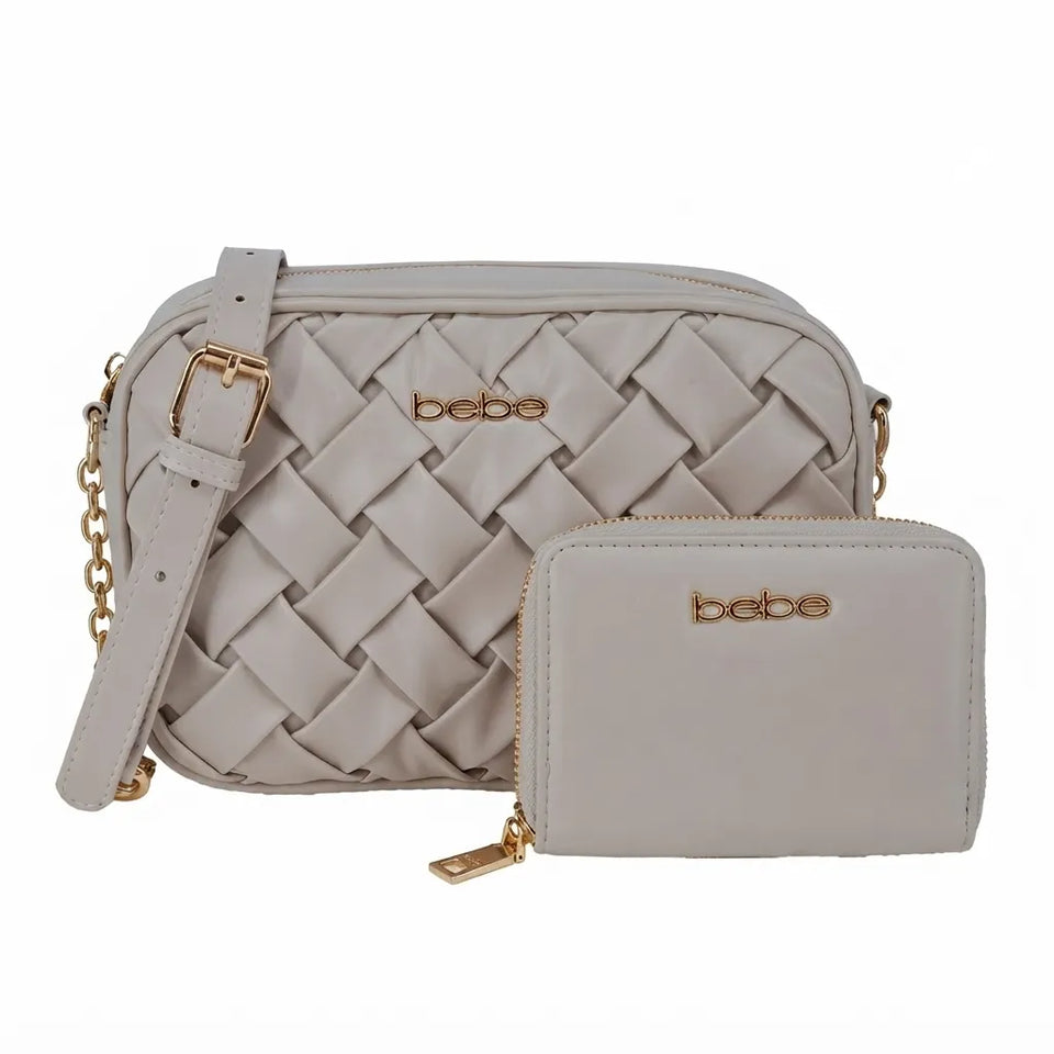 A light beige woven leather camera bag with a matching zippered wallet, both featuring gold-tone hardware and the 'bebe' logo, set against a plain white background.