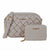 A light beige woven leather camera bag with a matching zippered wallet, both featuring gold-tone hardware and the 'bebe' logo, set against a plain white background.