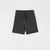 Dark gray heathered drawstring shorts with an elastic waistband, laid flat on a light gray background.