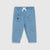 Light blue denim toddler pants with a white bow at the elastic waist, a bear face detail on the back pocket, and side utility pockets, shown flat on a light gray background.