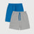 Two pairs of kids' drawstring shorts, one in bright blue and one in heather gray, arranged overlapping on a light gray background.