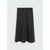A black A-line midi skirt with a matching waist belt and a small silver buckle, displayed flat against a light gray background.