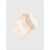A set of five baby socks in soft pastel shades of pink, cream, beige, and white, arranged diagonally on a light gray background.