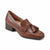A brown leather tassel loafer with a low block heel, shown from a three-quarters angle on a white background.