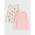 Two girls' long-sleeve tops laid flat on a light gray background. The back top is cream with a pink and purple floral print, and the front top is solid light pink with ruffled shoulders and a scalloped hem.