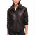 A woman wearing a dark brown leather jacket with a plush dark brown shearling-style collar, black ribbed cuffs and hem, and front flap pockets, paired with black pants against a white studio background.