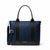 Michael Kors navy blue nylon tote bag with black leather handles, a black base, and a matching navy blue shoulder strap featuring the brand name in white lettering.