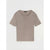 A short-sleeve crewneck knit top in taupe with contrasting white trim on the sleeve cuffs and hem, displayed flat against a light gray background.