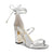 A metallic silver high-heeled sandal with a block heel, ankle strap with a tie, and a slim front strap, shown on a plain white background.