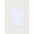 A white short-sleeve polo shirt with a classic collar and button placket, laid flat against a light beige background.