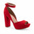 A bright red suede high-heeled platform sandal with an ankle strap and open toe, shown from a side profile on a white background.
