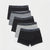 A set of five men's boxer briefs from the brand SINGRAY, arranged in a staggered fan layout. The pack includes a mix of solid black, charcoal gray, and heather gray styles, each with a dark gray elastic waistband featuring the brand name printed repeatedly.