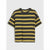 A short-sleeve crewneck t-shirt with horizontal stripes in black and mustard yellow, displayed flat against a light gray background.
