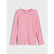 A pink and white horizontally striped long-sleeve top with a raw, frayed hem, displayed flat against a light gray background.