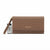 A brown embossed leather wallet with a wristlet strap and a gold-tone logo on the front, shown with its retail tag against a plain white background.