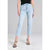 A model wearing light-wash blue cropped jeans with a straight-to-slightly-relaxed leg, paired with a black top and black strappy heels, against a light gray studio background.