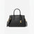 A black leather handbag with gold-tone hardware, featuring a top handle, a detachable shoulder strap, and a prominent gold-tone 'MK' logo charm on the front, set against a plain white background.
