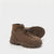 A pair of brown ankle-height lace-up boots with a ribbed knit collar, shown on a clean white background.