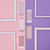 Five pairs of ankle socks arranged vertically on a split pink and purple background with decorative white frame borders. The socks feature pastel floral and star patterns in pink, lavender, and beige tones.
