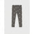 A pair of dark gray leggings with a small white heart pattern, displayed flat against a light gray background.