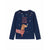 A navy blue long-sleeve crewneck sweatshirt featuring a dachshund wearing a red patterned sweater, surrounded by colorful Christmas lights and the text 'SNOW MUCH FUN'.