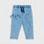 Light blue denim toddler pants with an elastic waistband, dark blue drawstring, and decorative side pockets on a light gray background.